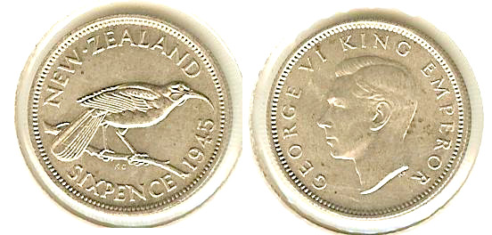 New Zealand 6 Pence 1945 Unc